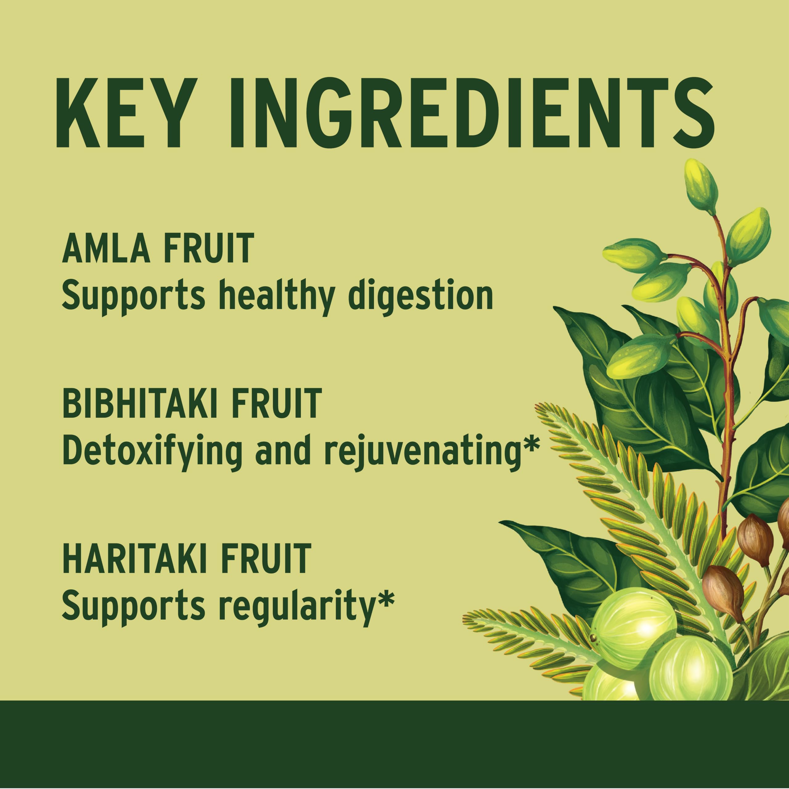 Banyan Botanicals Triphala tablets vegan non-GMO icon displayed.