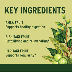 Banyan Botanicals Triphala tablets vegan non-GMO icon displayed.