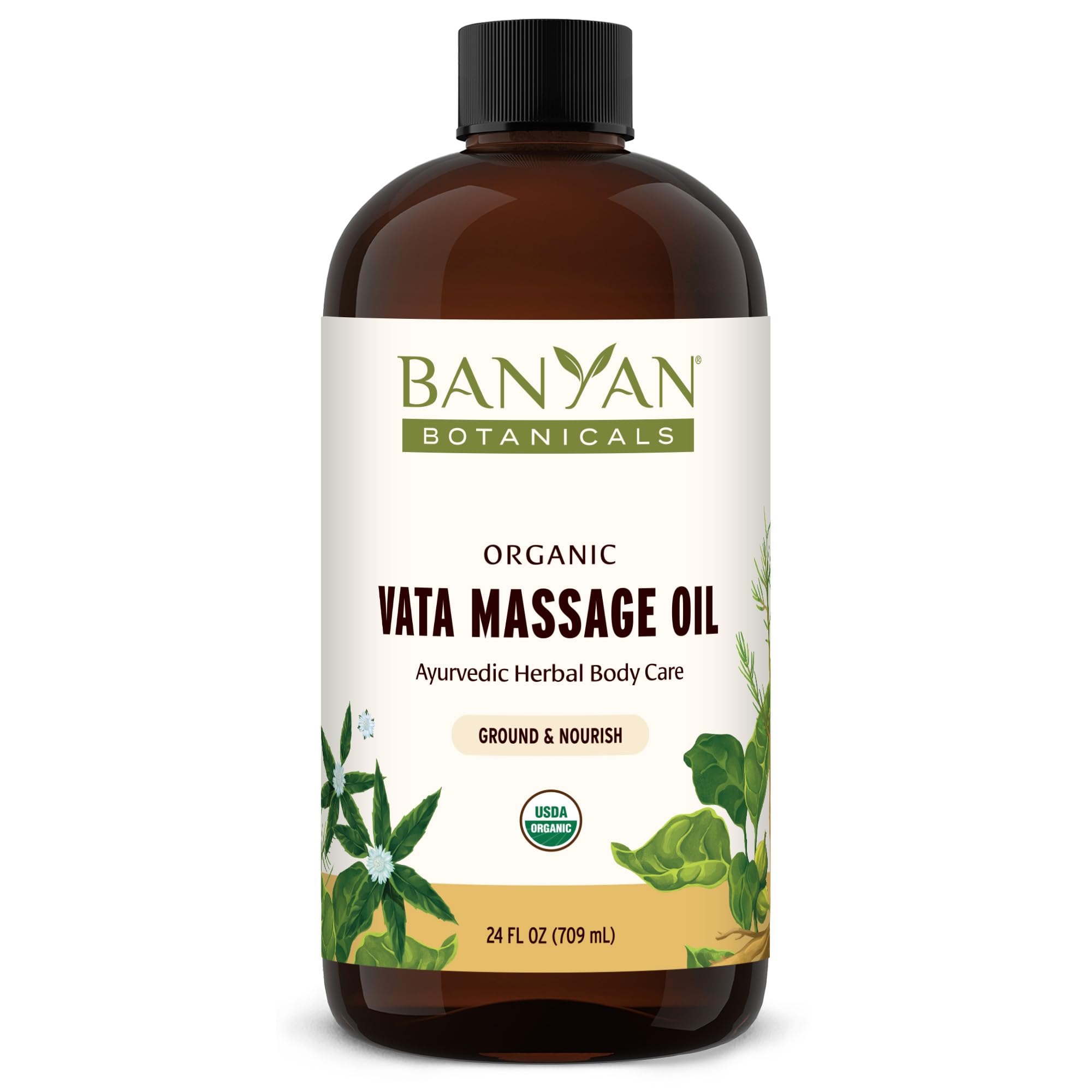 Banyan Botanicals Vata massage oil bottle ready for at home abhyanga ritual