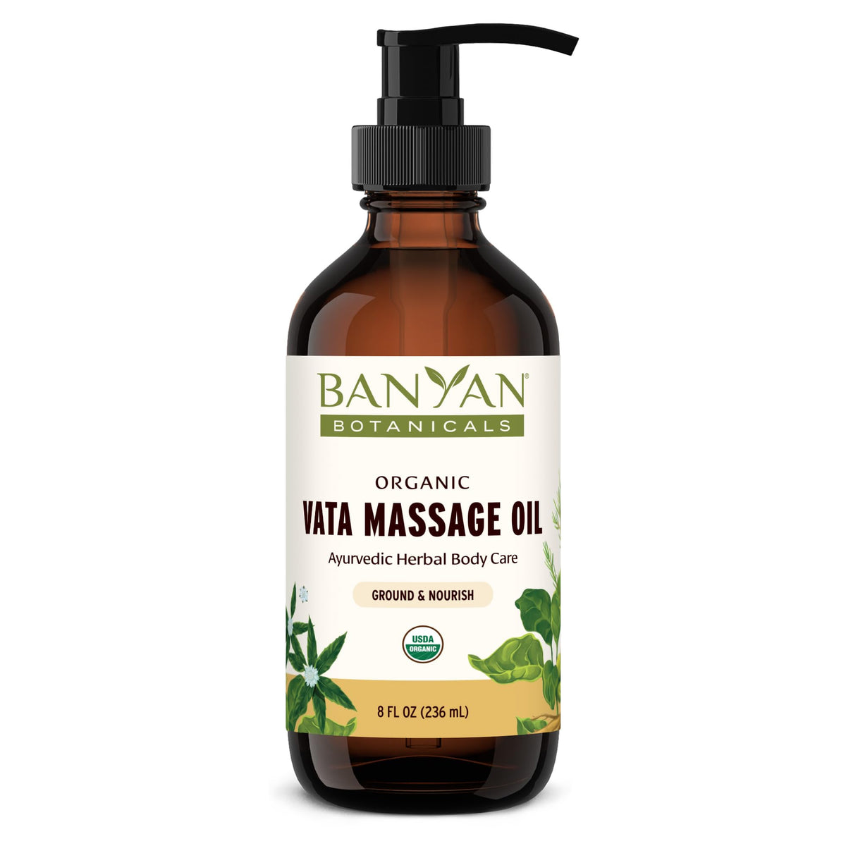Banyan Botanicals Vata Massage Oil bottle ready for calming self-massage.