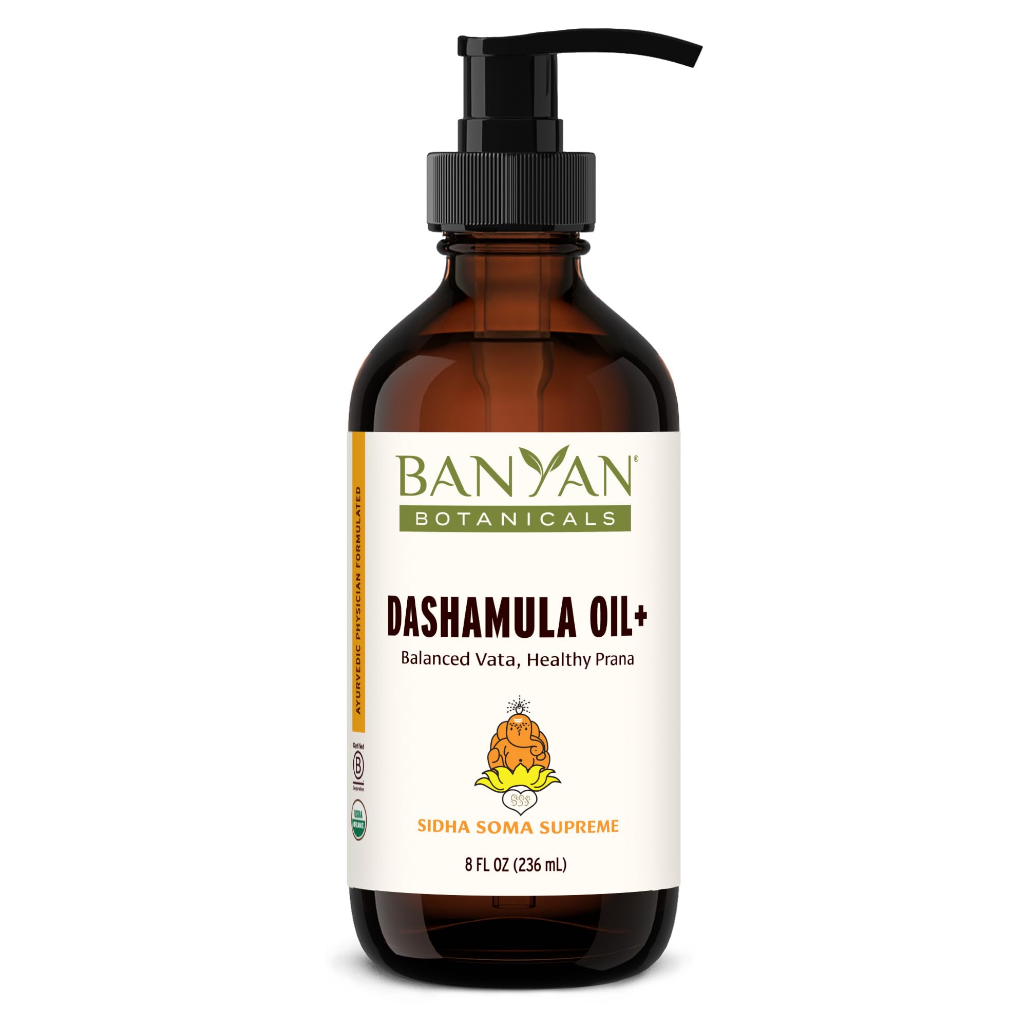 Banyan Dashamula Oil+ bottle for a calming massage.