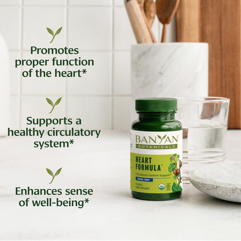 Banyan Heart Formula tablets on bottle label offer convenient daily heart wellness.
