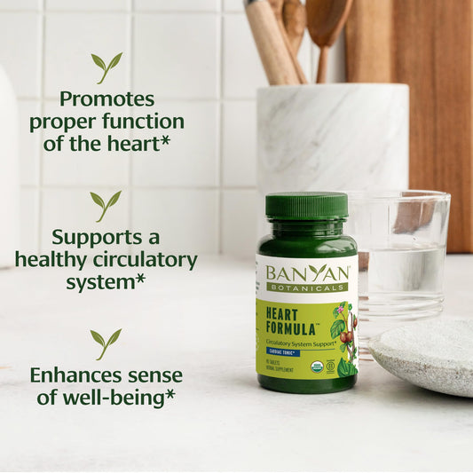 Banyan Heart Formula tablets on bottle label offer convenient daily heart wellness.