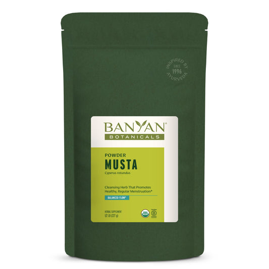 Banyan Botanicals Musta powder jar closeup showing organic cyperus rotundus for digestive support