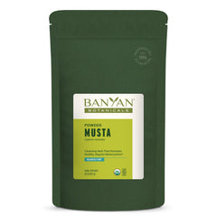 Banyan Botanicals Musta powder jar closeup showing organic cyperus rotundus for digestive support