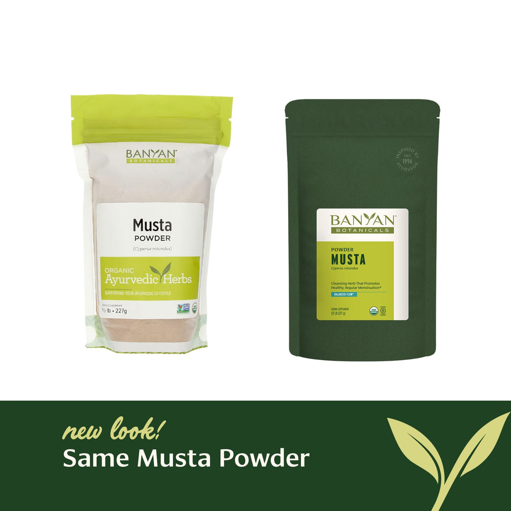 Banyan Botanicals Musta powder packaging highlighting eco-friendly materials