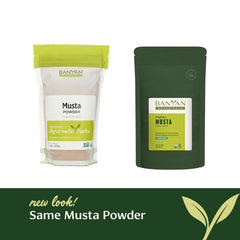 Banyan Botanicals Musta powder packaging highlighting eco-friendly materials