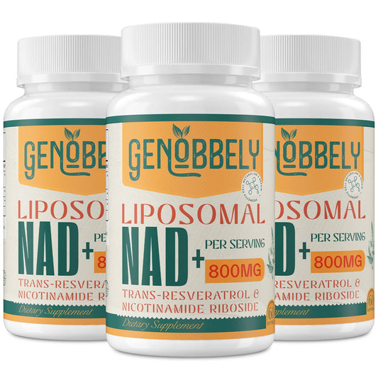 GENOBBELY liposomal NAD+ bottle front, signaling daily energy support.