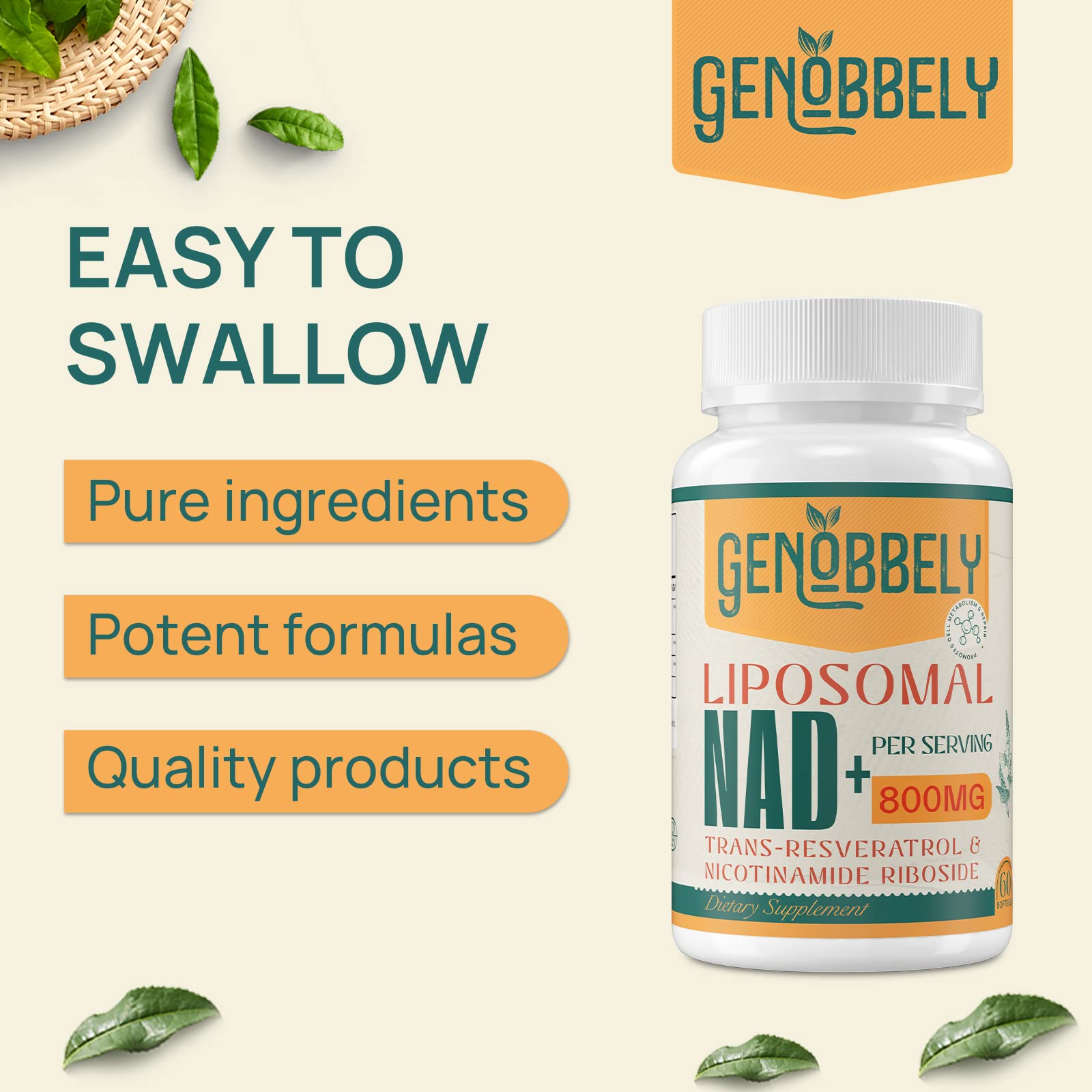 GENOBBELY bottle with label signals science-backed energy and aging support.