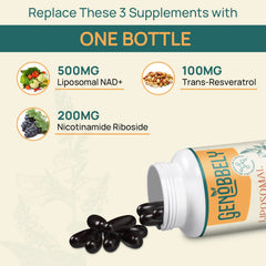 GENOBBELY NAD+ ingredients list highlights NR and resveratrol blend.