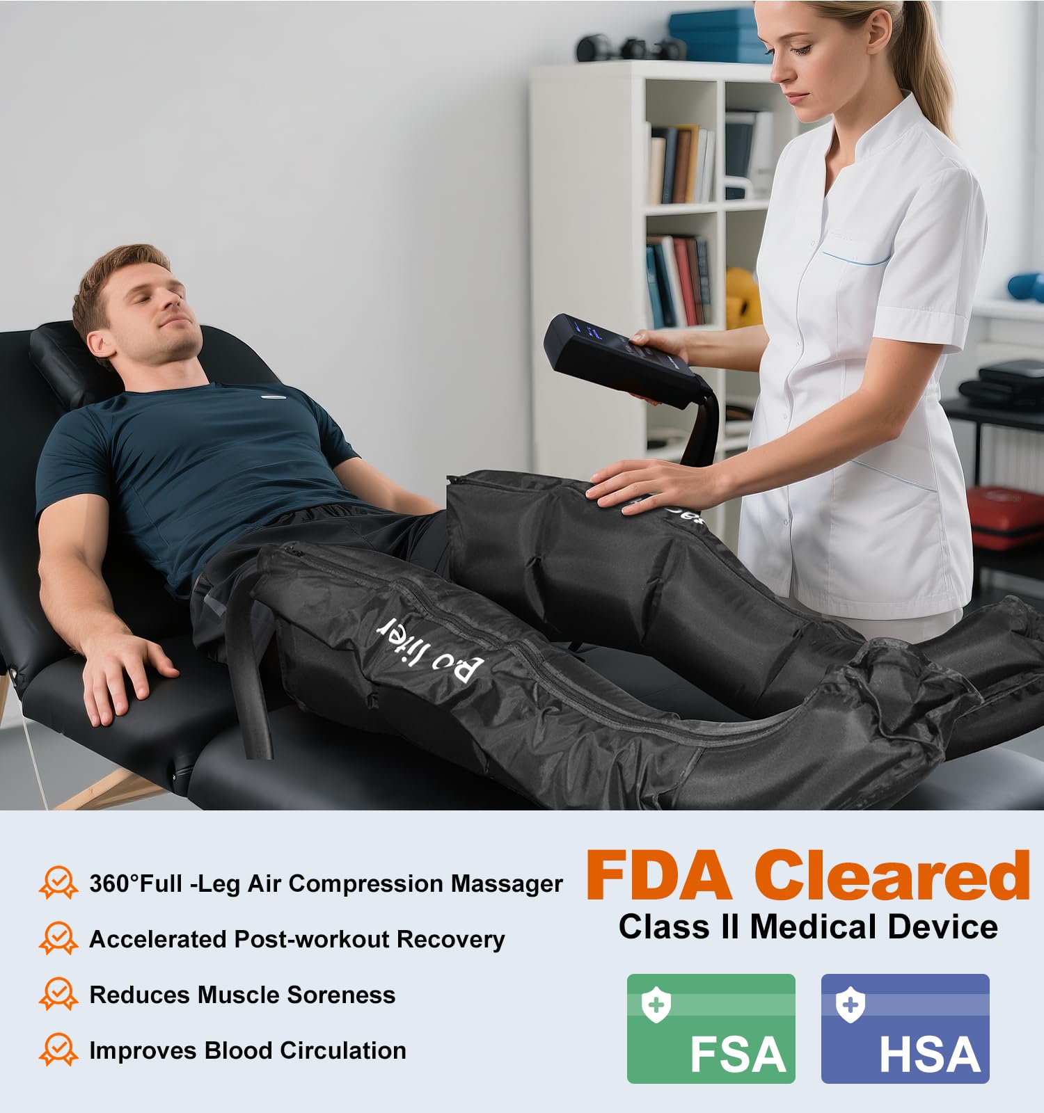 Bao liter massager shows four zones: foot, lower calf, upper calf, thigh for targeted therapy