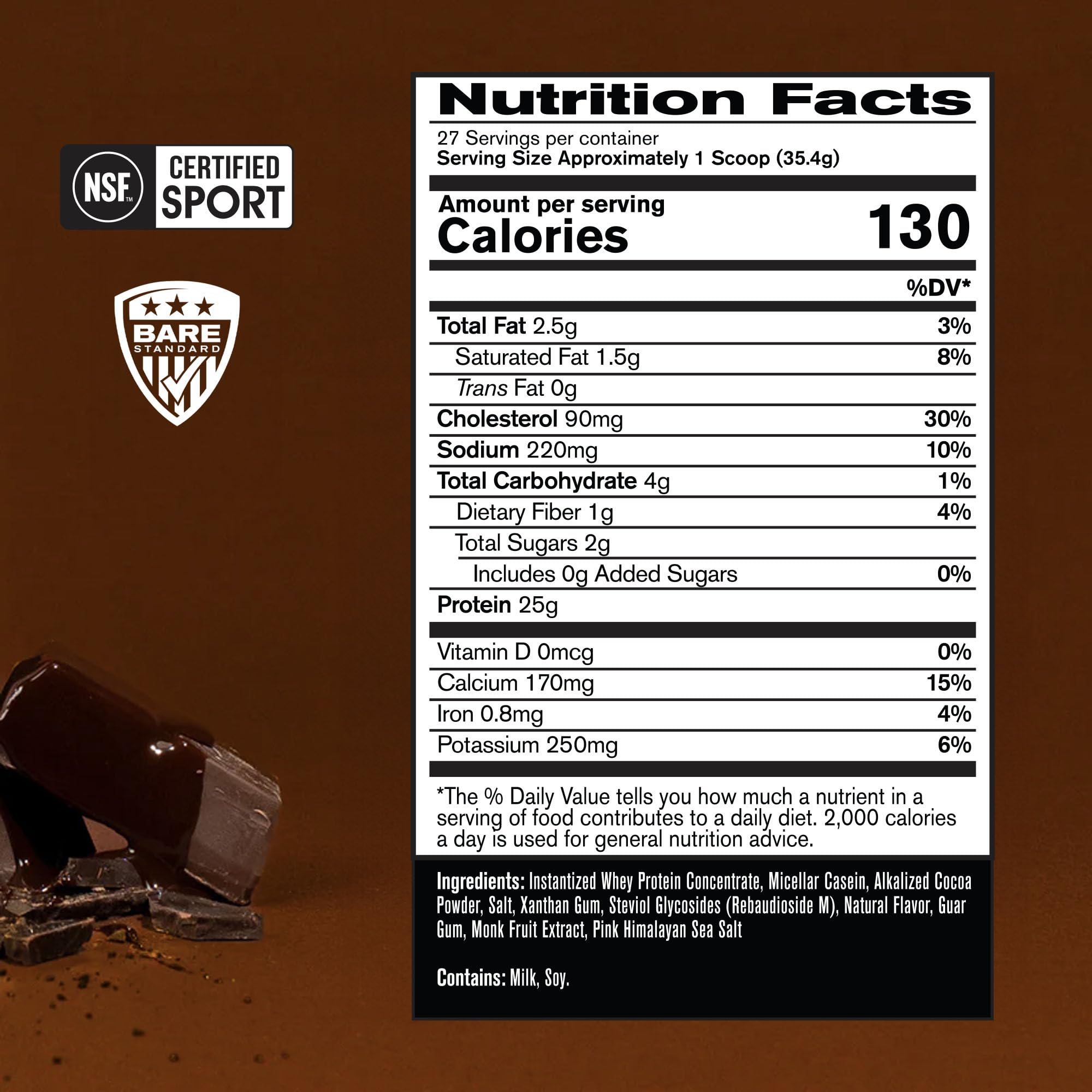 Bare Performance Nutrition fudge chocolate flavor label close-up showing 27 servings