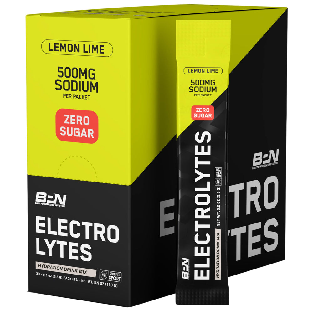 Bare Performance Nutrition BPN Electrolytes Go Packs Lemon Lime sachets for on-the-go hydration.