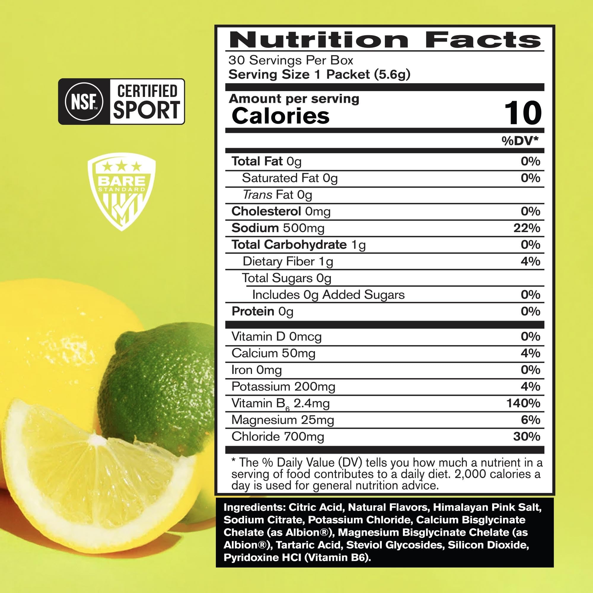 Single-serving electrolyte pack highlighting sugar-free formula and 500mg sodium.