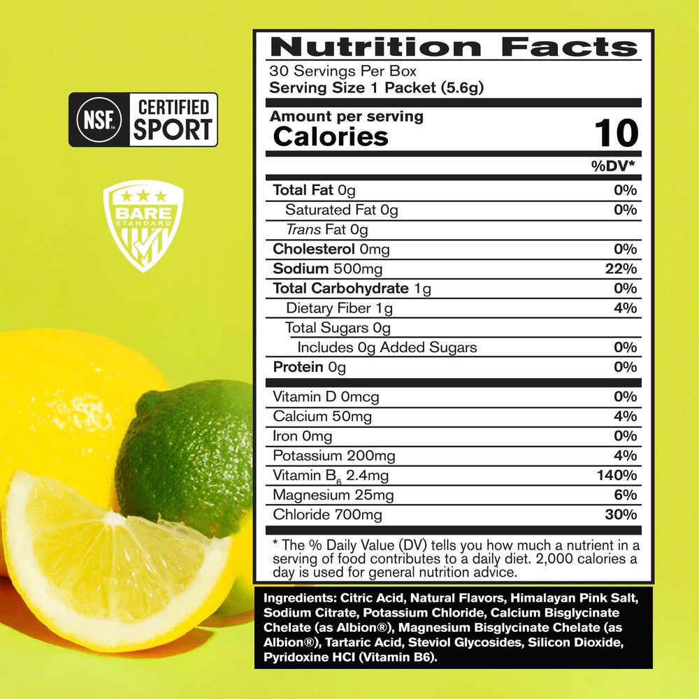 Single-serving electrolyte pack highlighting sugar-free formula and 500mg sodium.