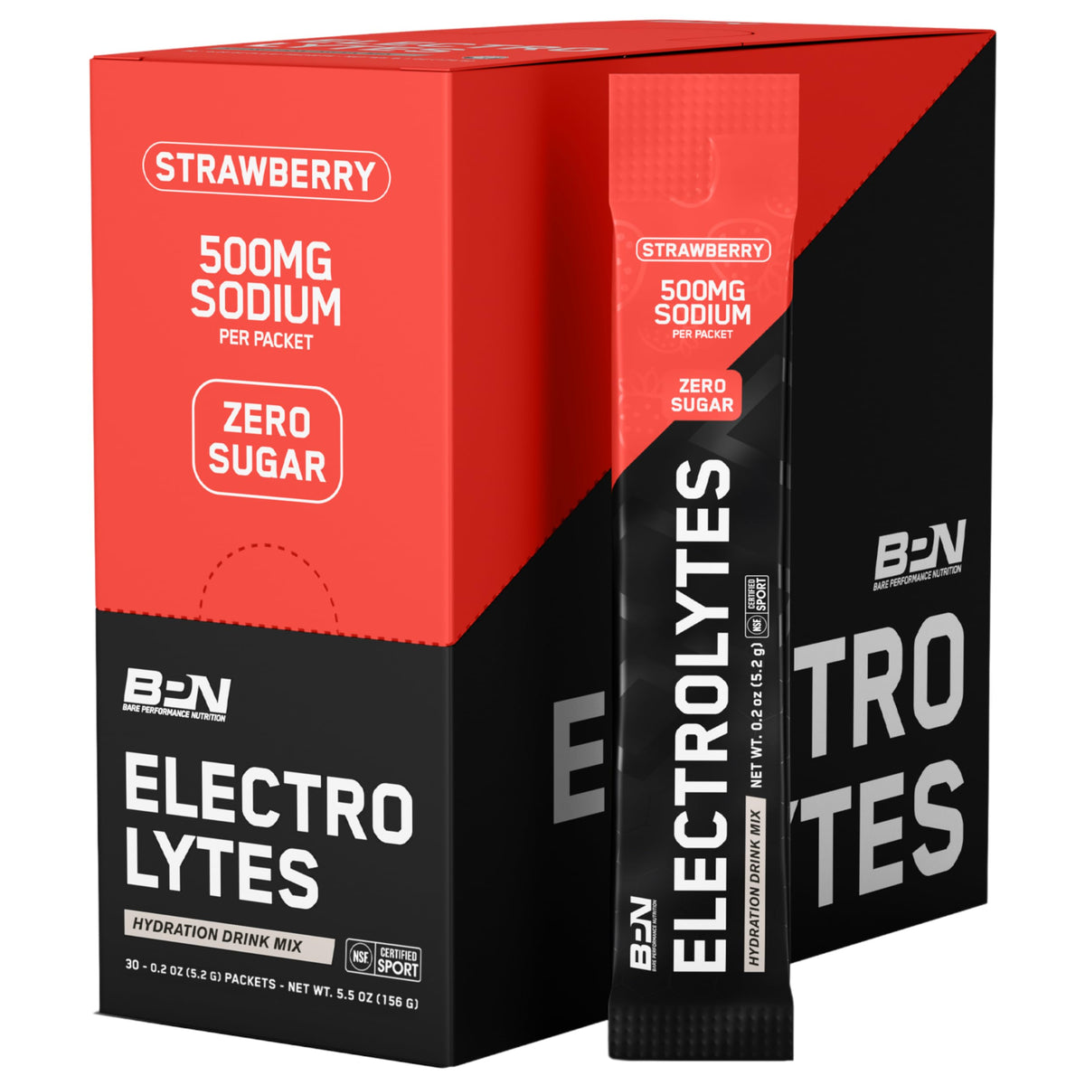 Bare Performance Nutrition BPN Electrolytes Go Packs strawberry front view for on-the-go hydration.