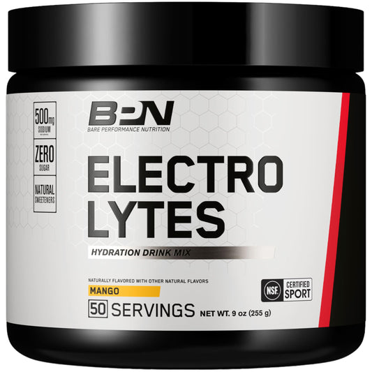 bare performance nutrition BPN Electrolytes mango bottle highlights sugar-free hydration for workouts