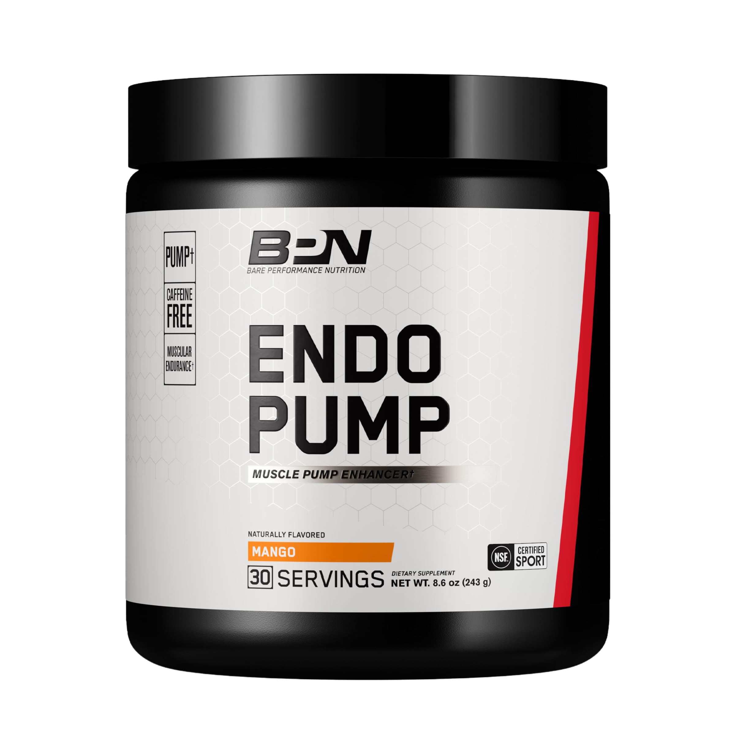Bare Performance Nutrition BPN EndoPump tub label close-up highlights nitric oxide support for stronger muscle pumps.