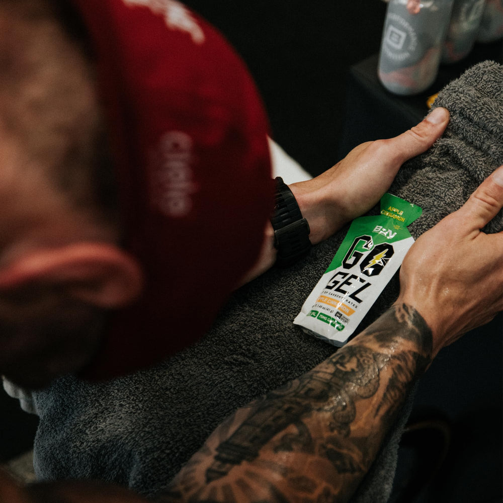 Pouch and water bottle scene showing hydration-ready energy fueling