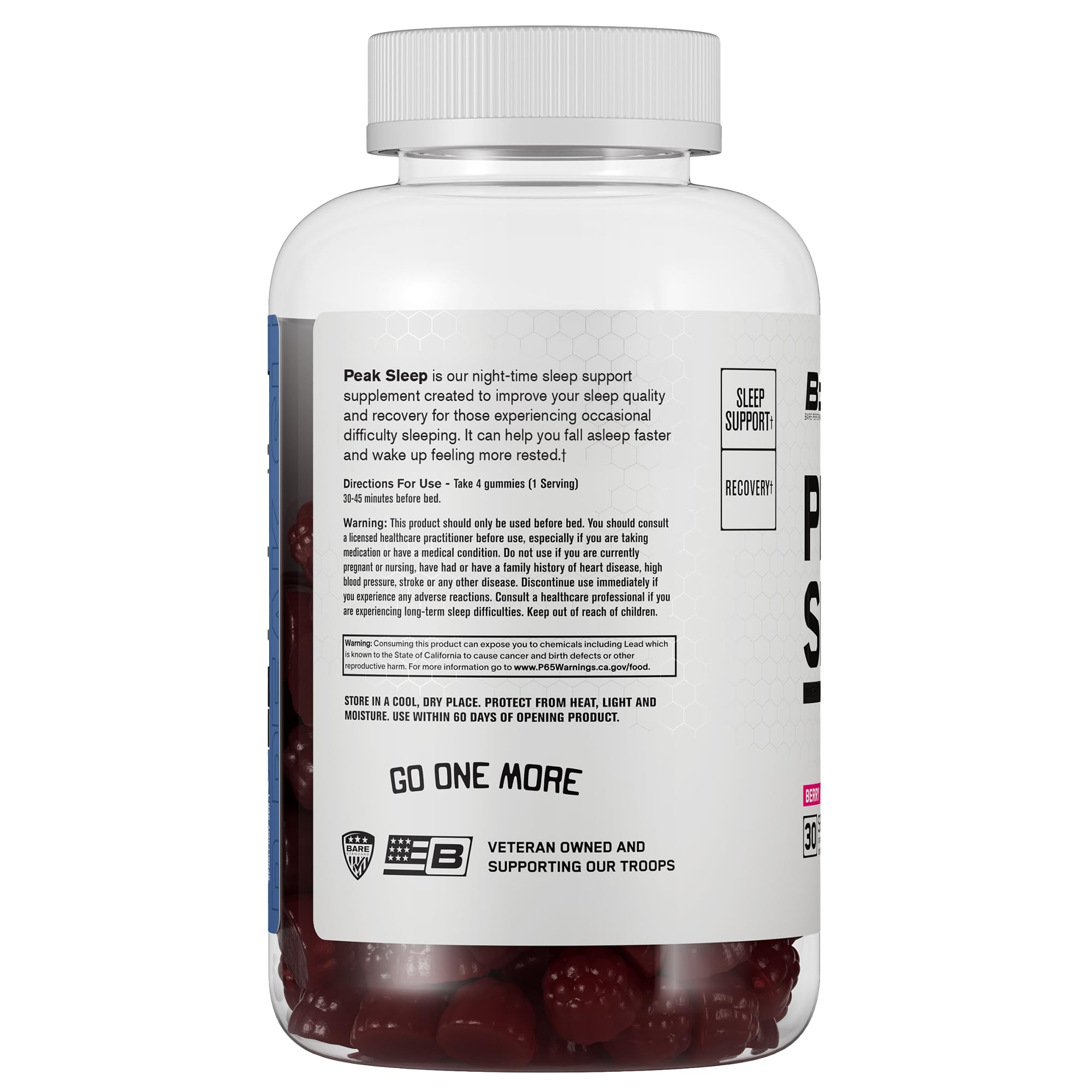 BARE PERFORMANCE NUTRITION BPN Peak Sleep Gummy berry closeup highlights chewable, naturally flavored relief.