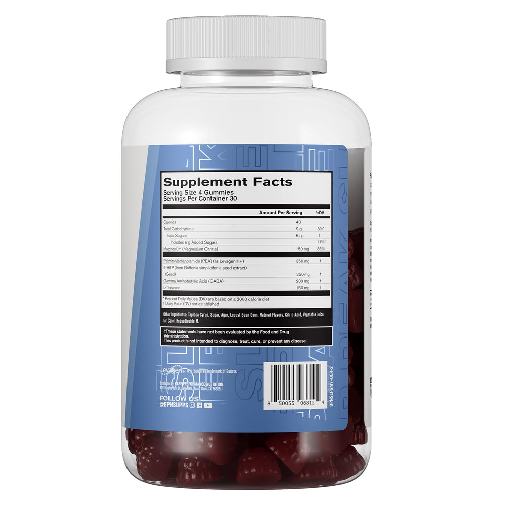 BARE PERFORMANCE NUTRITION BPN Peak Sleep Gummy serving shows controlled dosing for recovery.