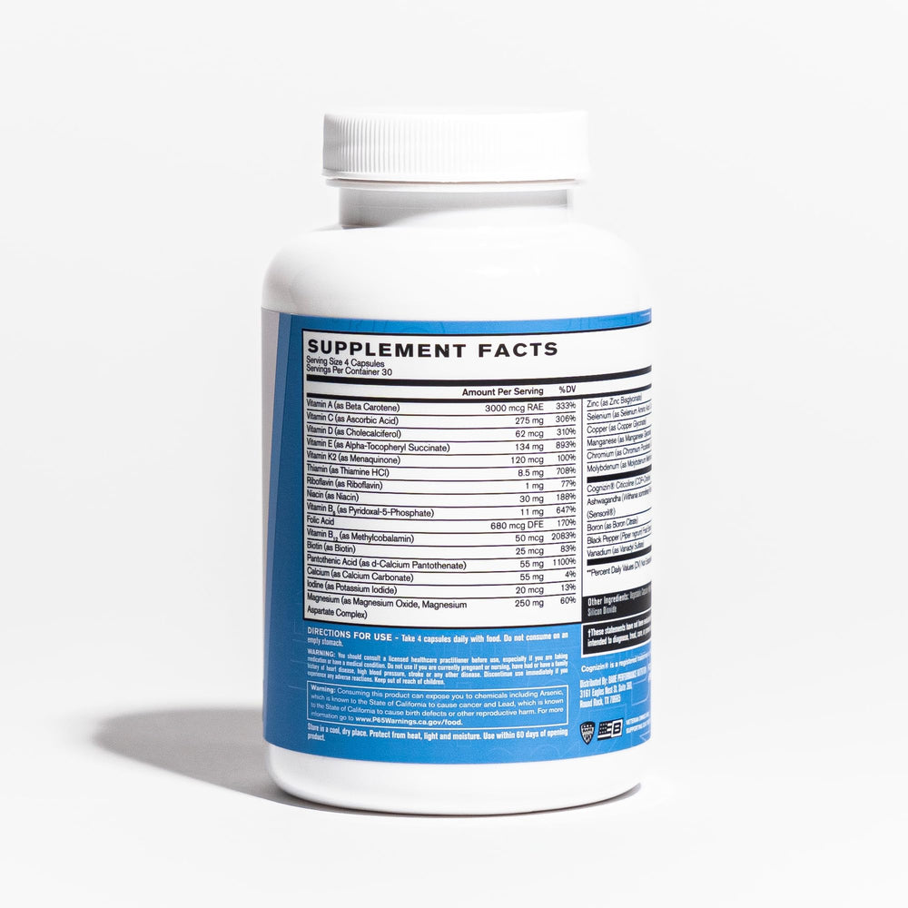 BARE PERFORMANCE NUTRITION BPN Strong Multi-Vitamin label close-up highlights adaptogens for resilience.