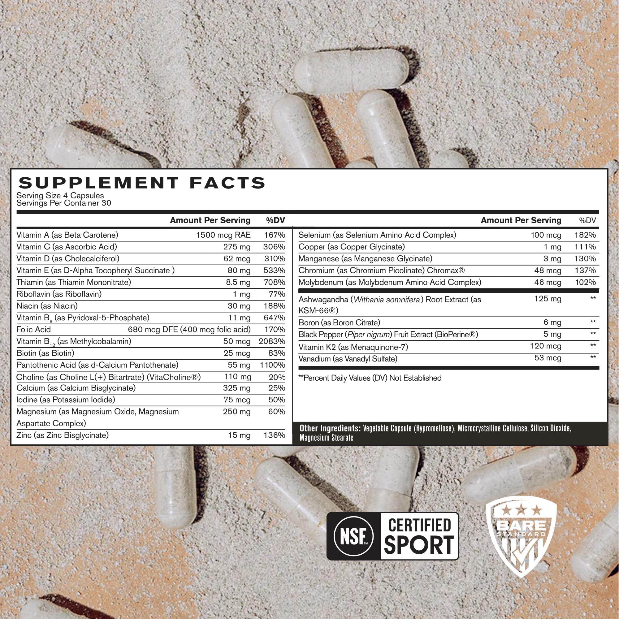 BARE PERFORMANCE NUTRITION BPN Strong Multi-Vitamin tablets close-up shows texture for easy intake.