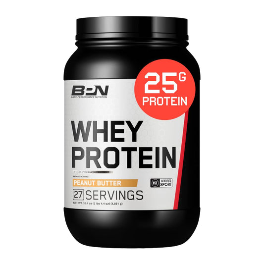Bare Performance Nutrition BPN peanut butter blend tub shows 25g protein per serving for recovery