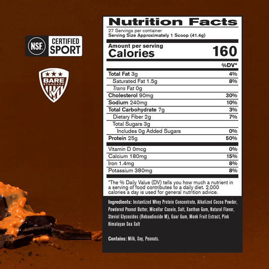Protein blend scoop for 25g serving ideal with cold water or milk.