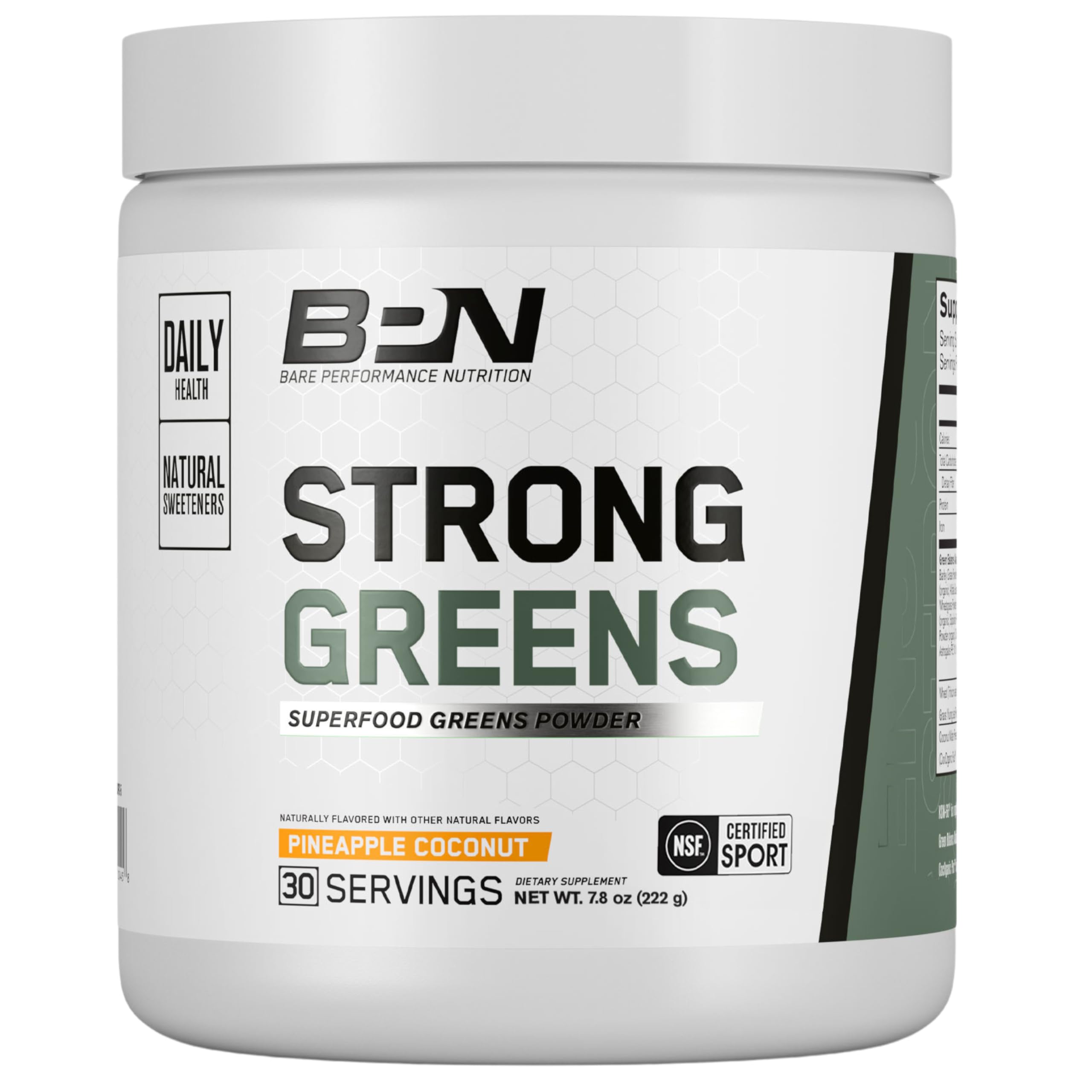 Bare Performance Nutrition Strong Greens bottle front highlights pineapple coconut flavor and energy.