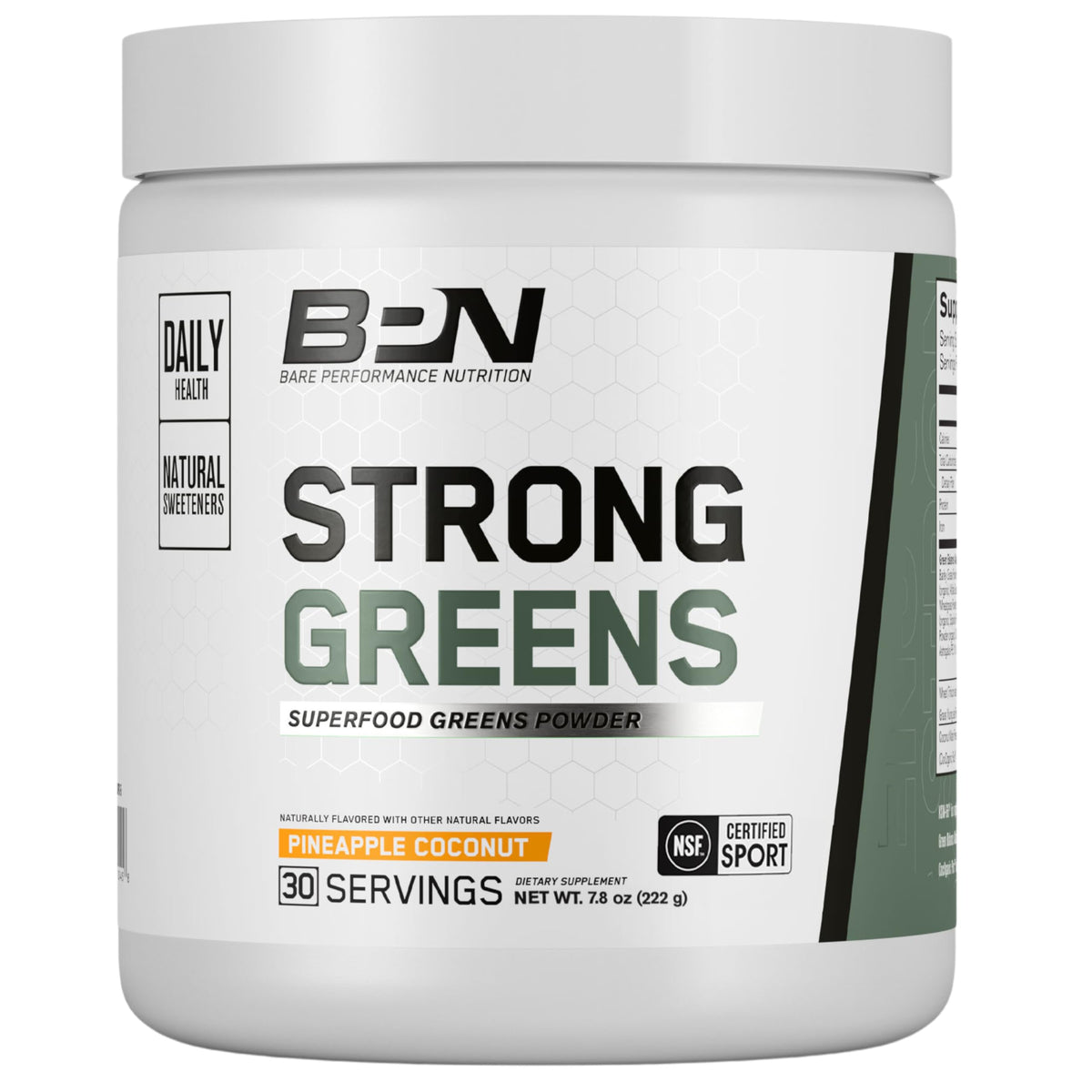Bare Performance Nutrition Strong Greens bottle front highlights pineapple coconut flavor and energy.
