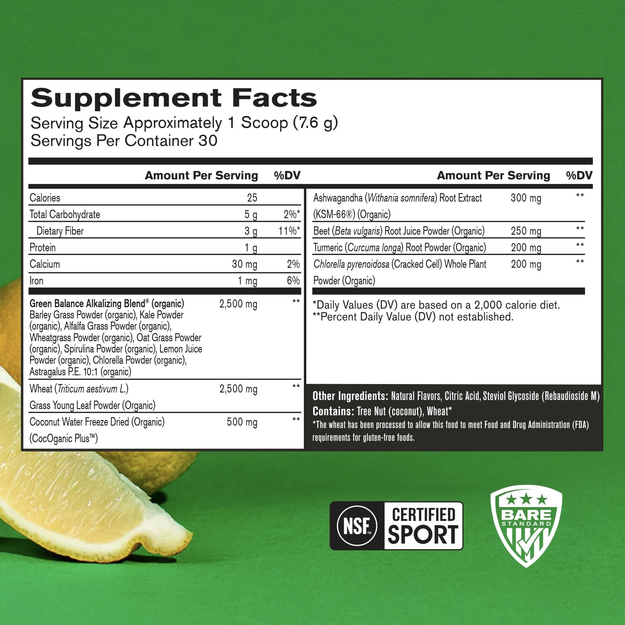 BARE PERFORMANCE NUTRITION Strong Greens Lemon powder being poured for a nutrient boost