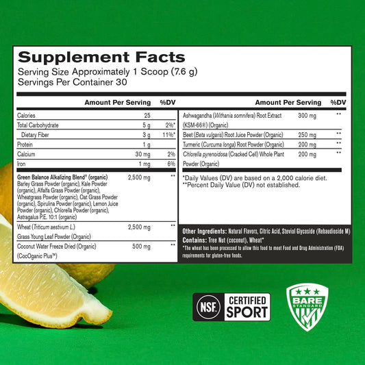 BARE PERFORMANCE NUTRITION Strong Greens Lemon powder being poured for a nutrient boost