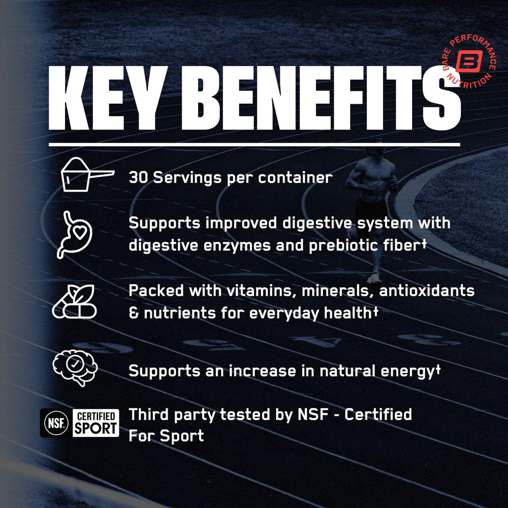 BARE PERFORMANCE NUTRITION digestive enzymes label emphasizes easier digestion after meals.