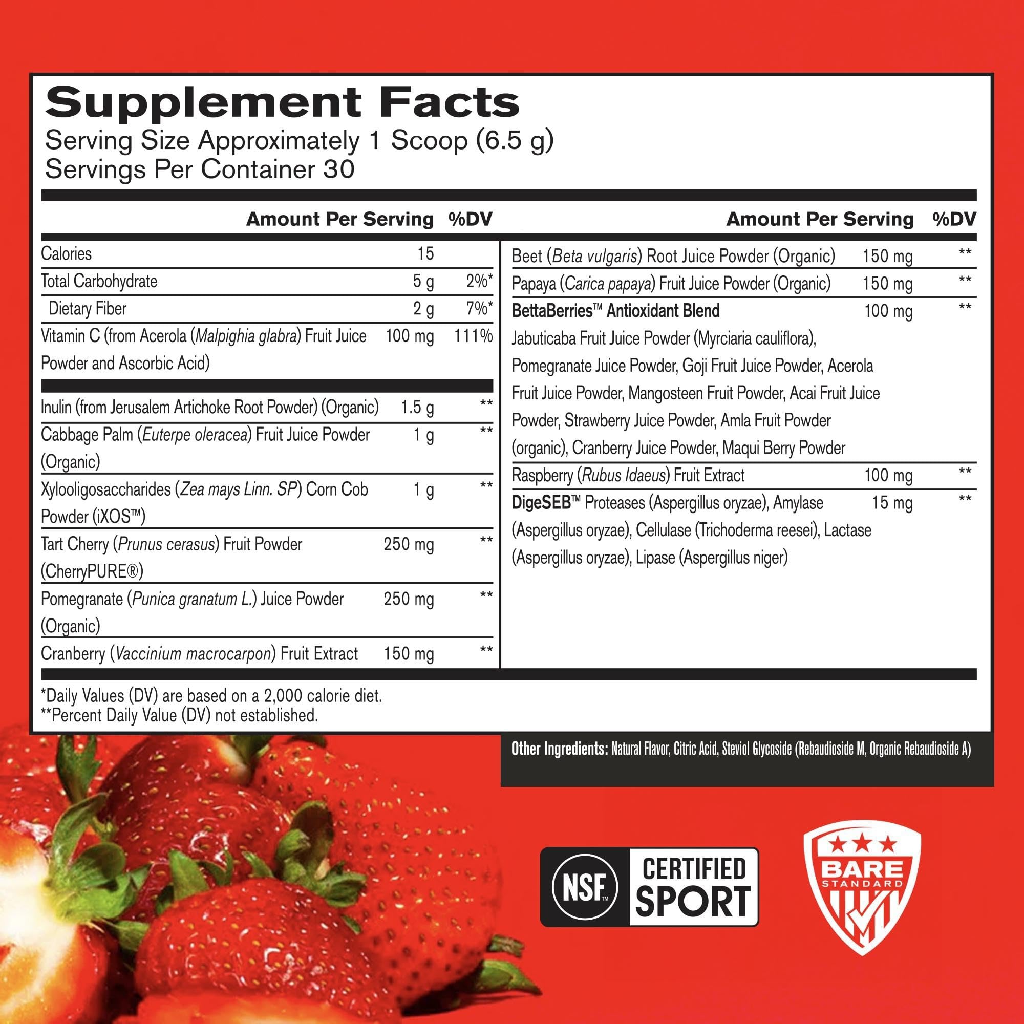 BARE PERFORMANCE NUTRITION fruit extracts bottle highlighting diverse antioxidants for daily resilience.
