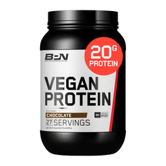Bare Performance Nutrition vegan chocolate protein powder jar; supports post-workout recovery.