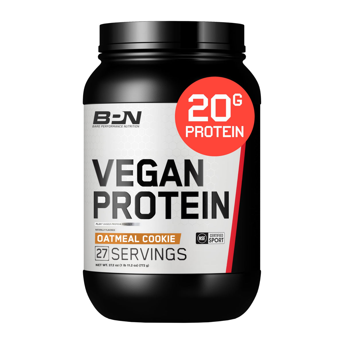 Bare Performance Nutrition vegan protein powder in oatmeal cookie flavor tub for recovery.
