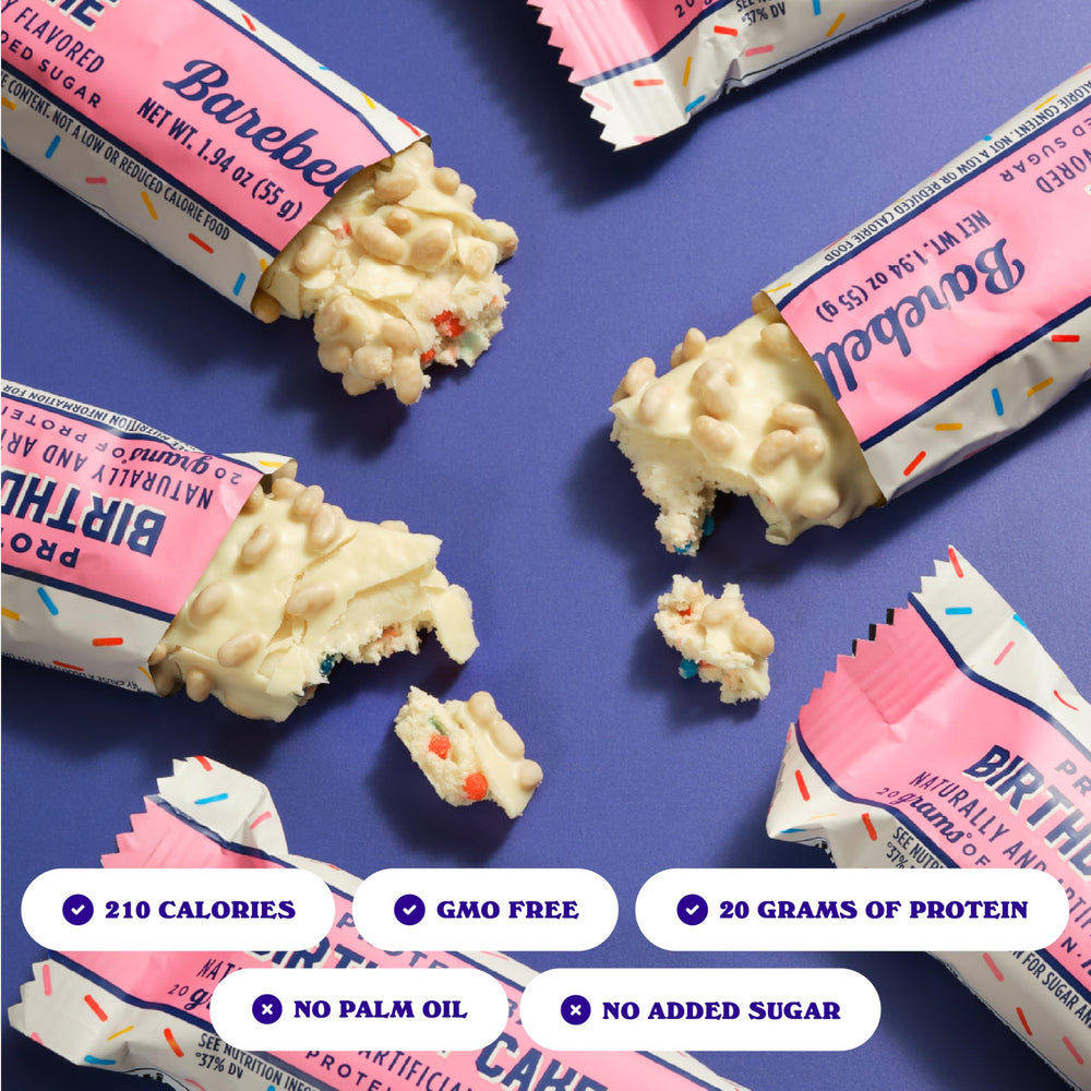 Barebells Birthday Cake bar ingredients highlight high protein and zero added sugar.