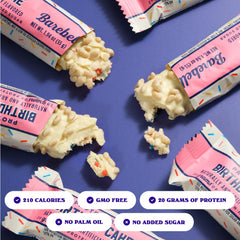 Barebells Birthday Cake bar ingredients highlight high protein and zero added sugar.