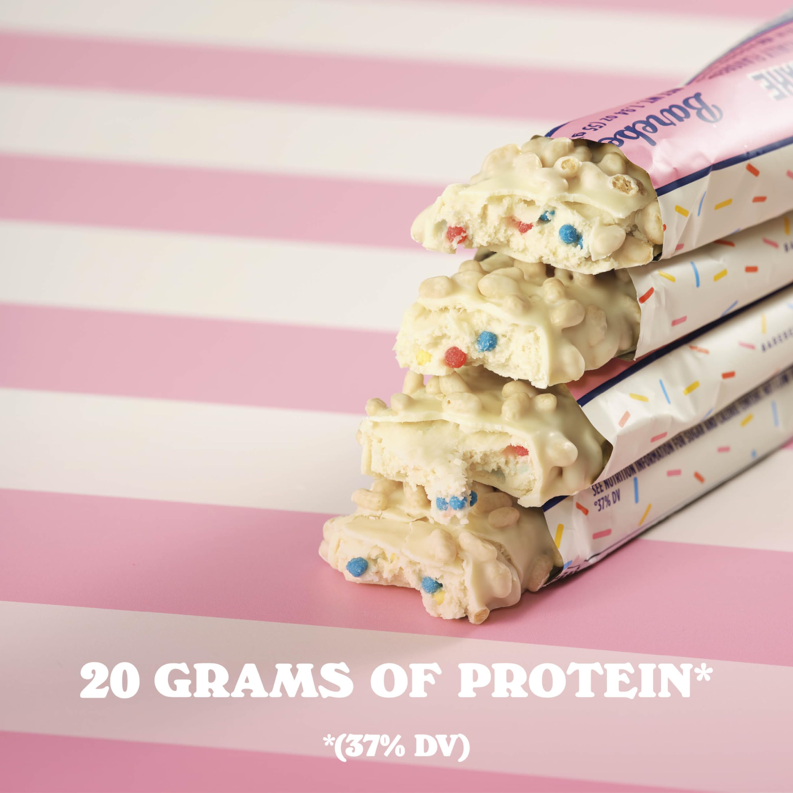 Barebells Birthday Cake bar nutrition label highlighted; high protein per bar.