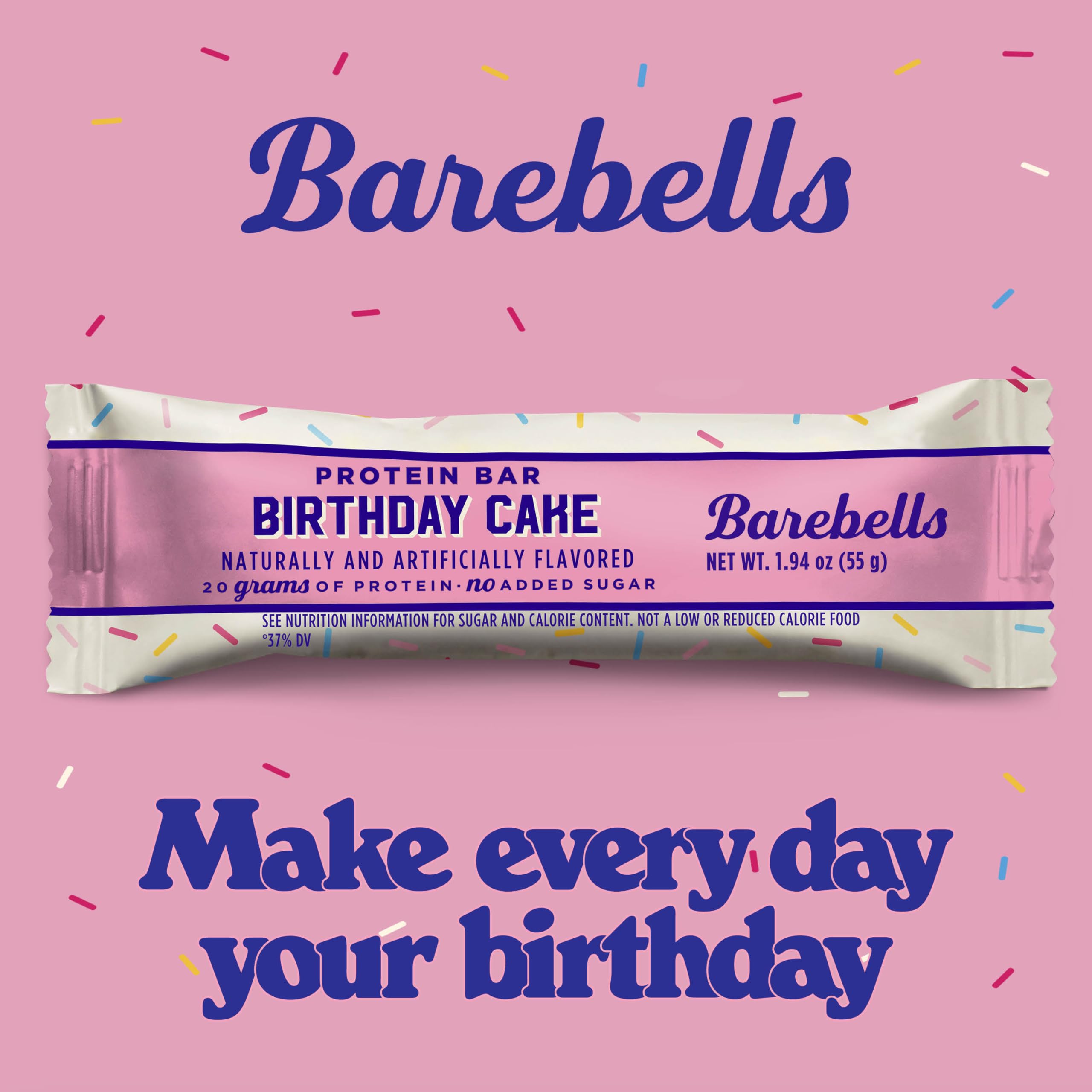 Barebells Birthday Cake bar on-the-go; suitable for desk or gym bag.
