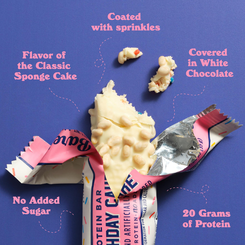 Barebells Birthday Cake bar on-the-go usage, perfect pre- or post-workout snack.