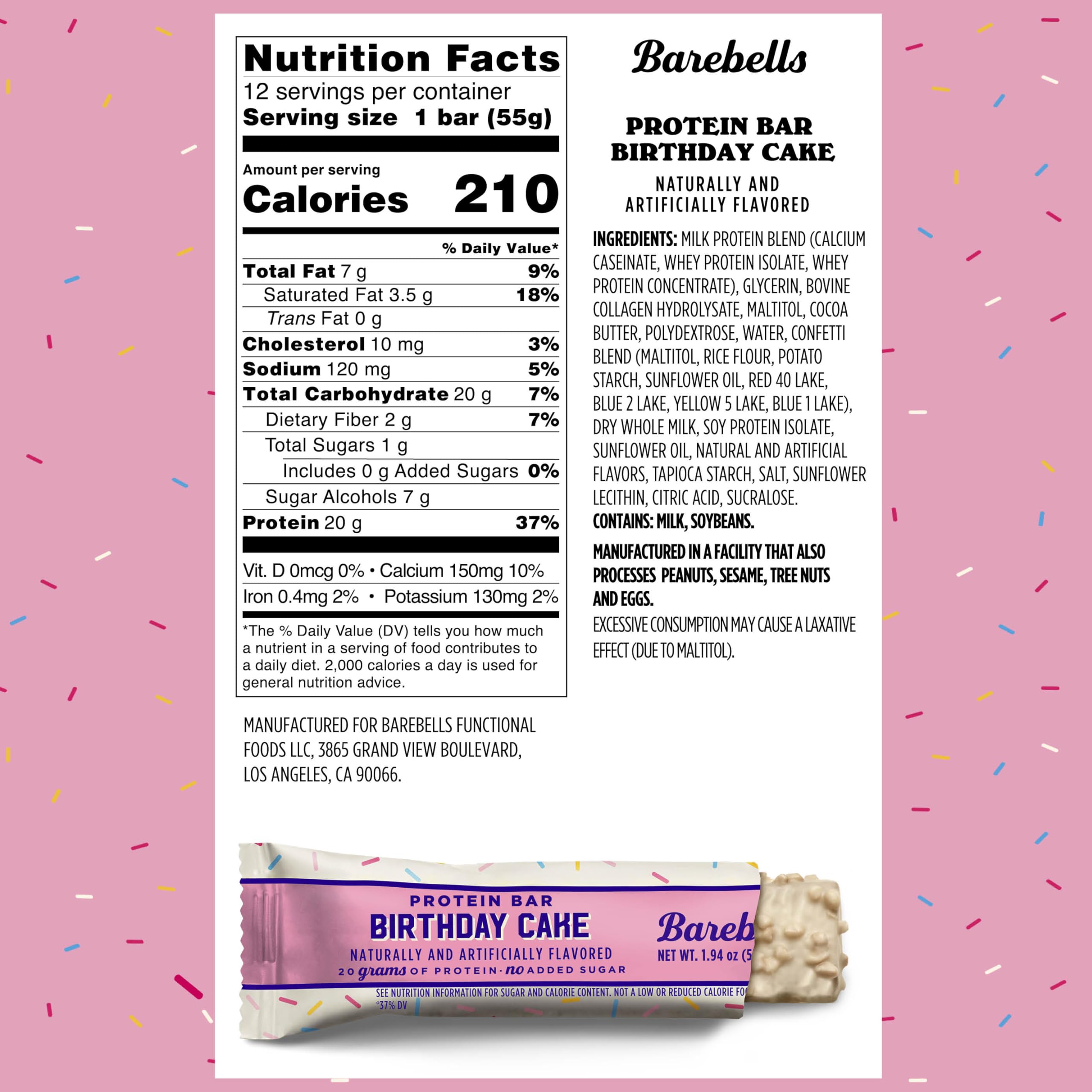 Barebells Birthday Cake bar packaging close-up showing vibrant vanilla frosting.