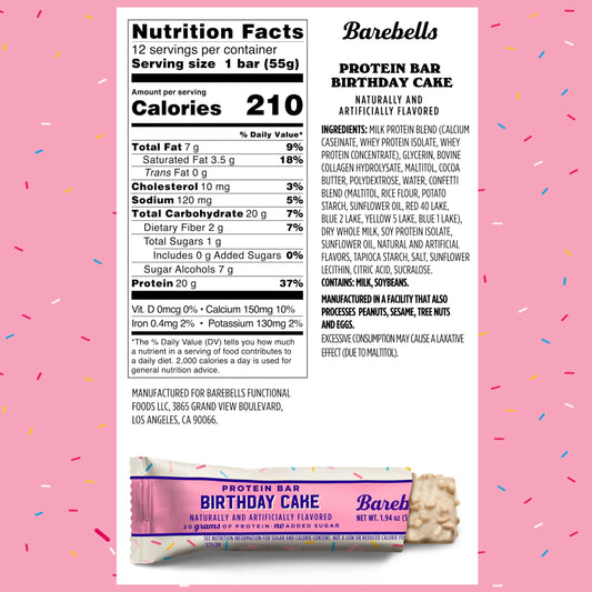 Barebells Birthday Cake bar packaging close-up showing vibrant vanilla frosting.