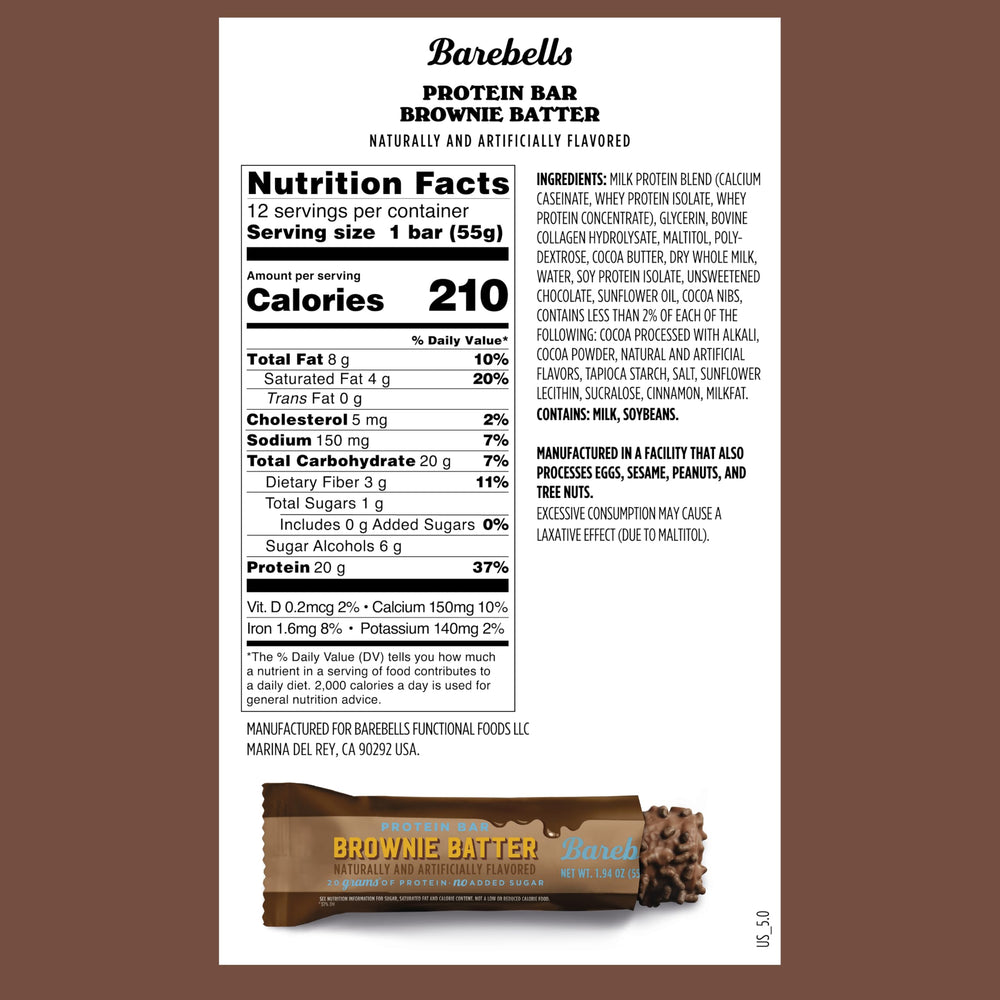 Barebells brownie batter bar unwrap reveals chocolate coating and gooey center.