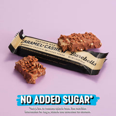 Barebells Caramel Cashew bar break-open showing filling and texture