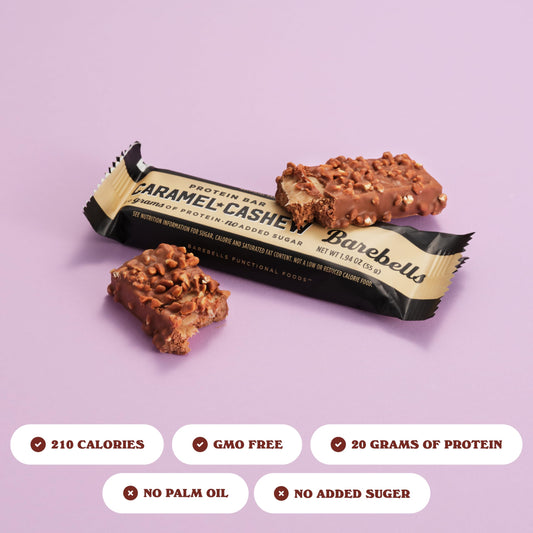 Close-up of Barebells Caramel Cashew bar, gooey chocolatey texture.
