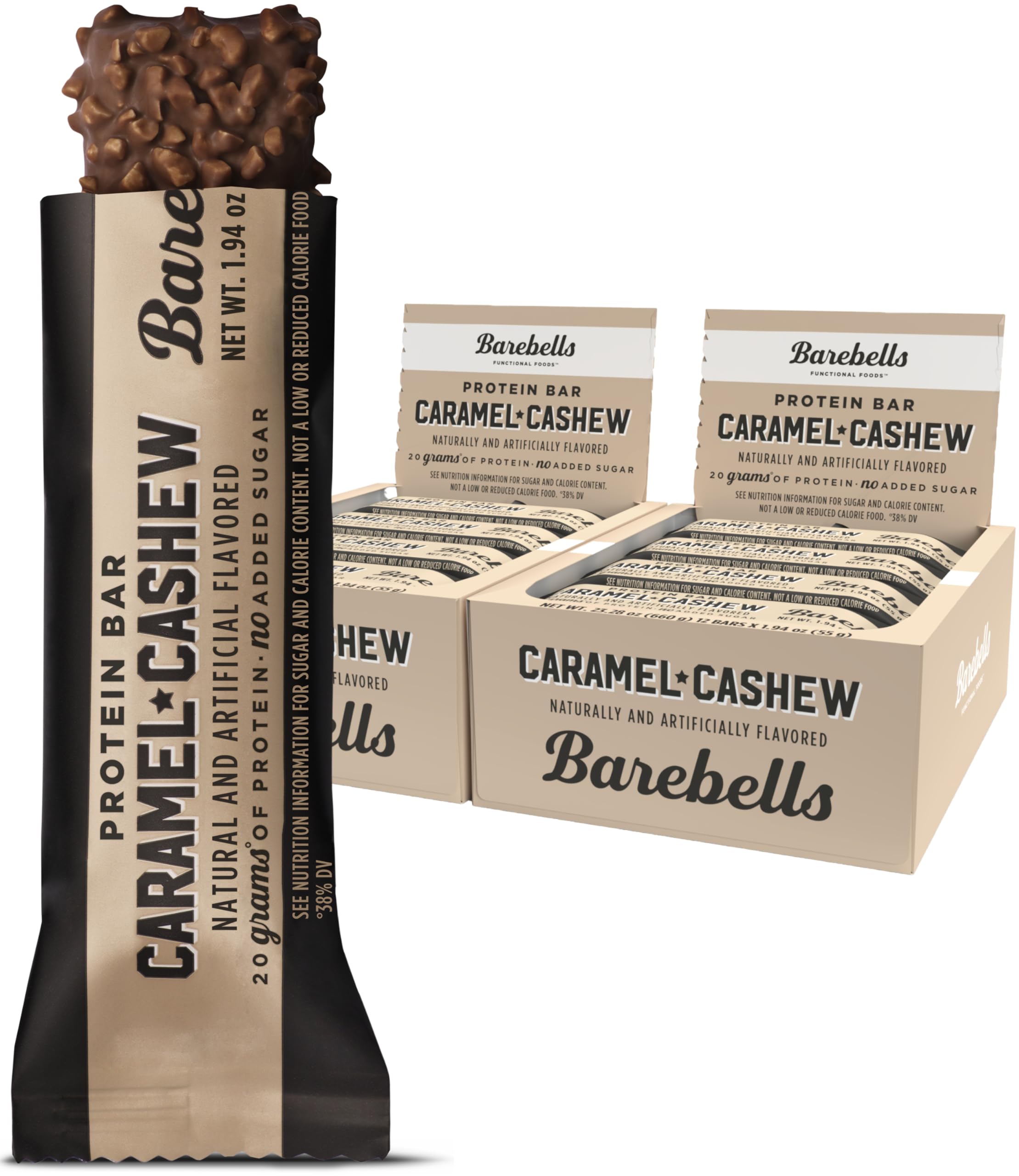 Barebells Caramel Cashew bar unwrapped, rich on-the-go protein snack.