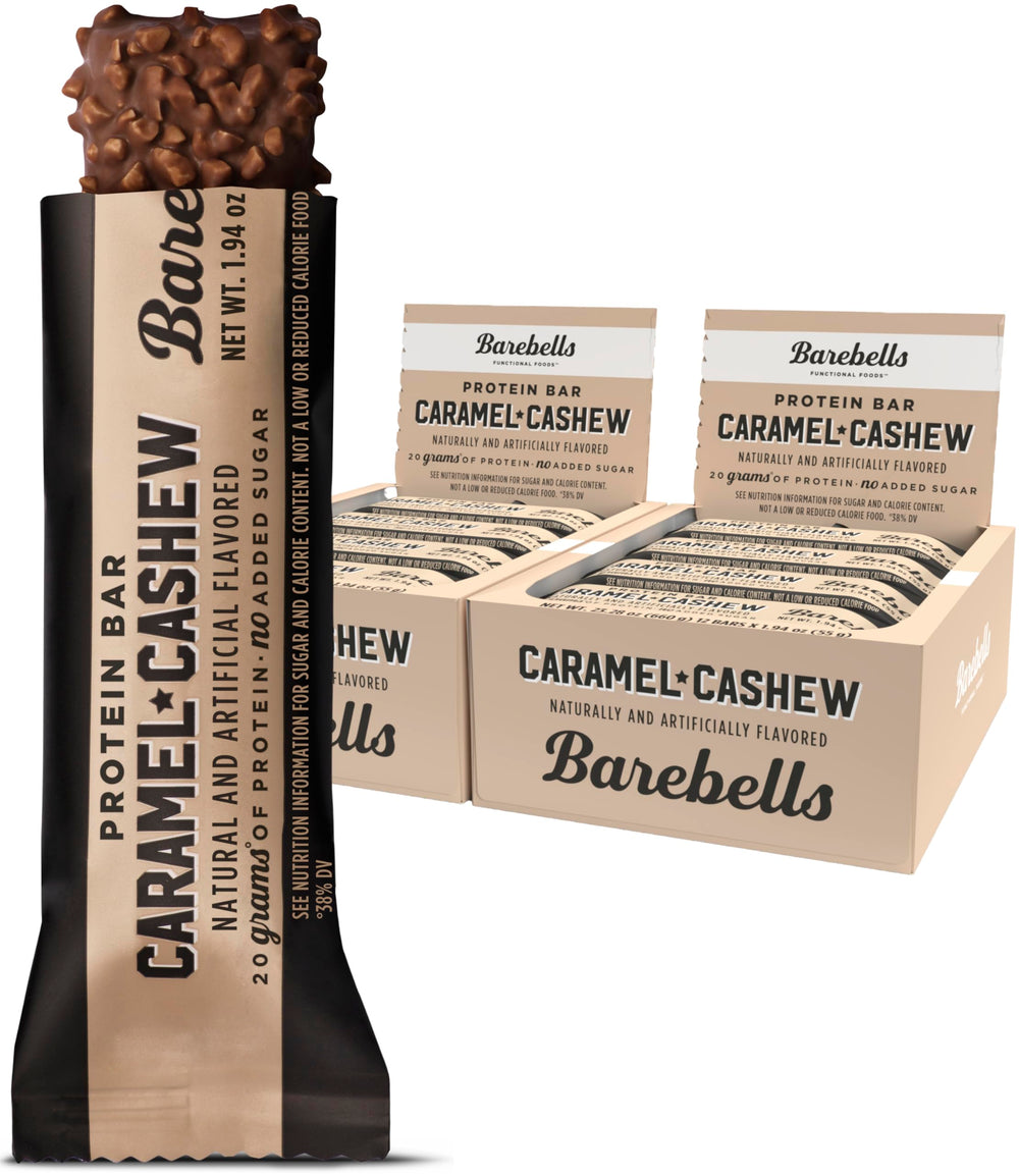 Barebells Caramel Cashew bar unwrapped, rich on-the-go protein snack.