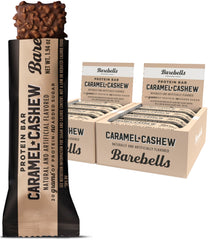 Barebells Caramel Cashew bar unwrapped, rich on-the-go protein snack.
